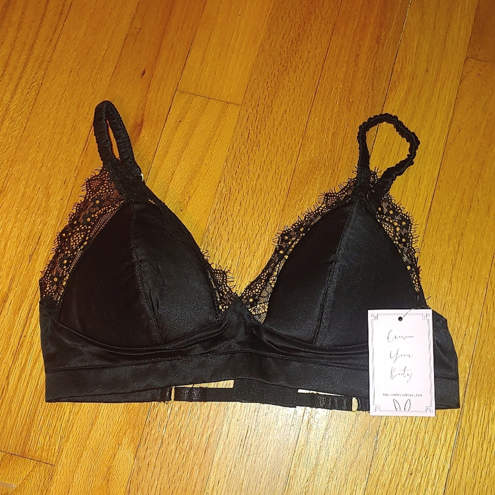 SMALL Black Silk Bralette Lace Detail Adjustable Straps & Back Bra Empress Mimi